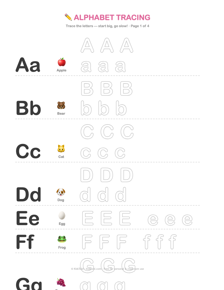 Alphabet tracing worksheets A to Z — free printable PDF