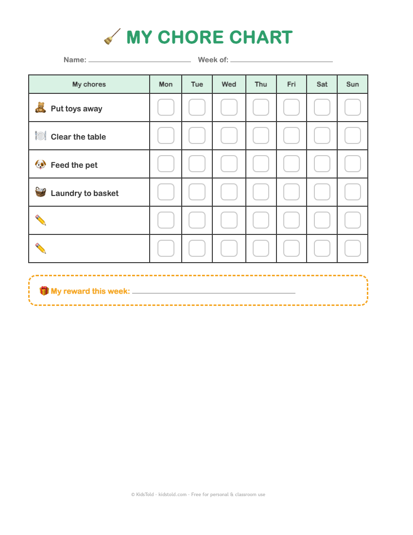Weekly chore chart for kids — free printable PDF