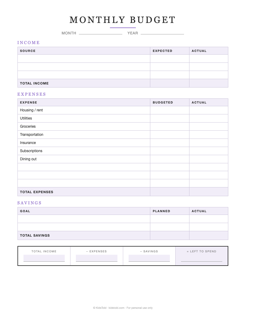 Free printable monthly budget planner PDF