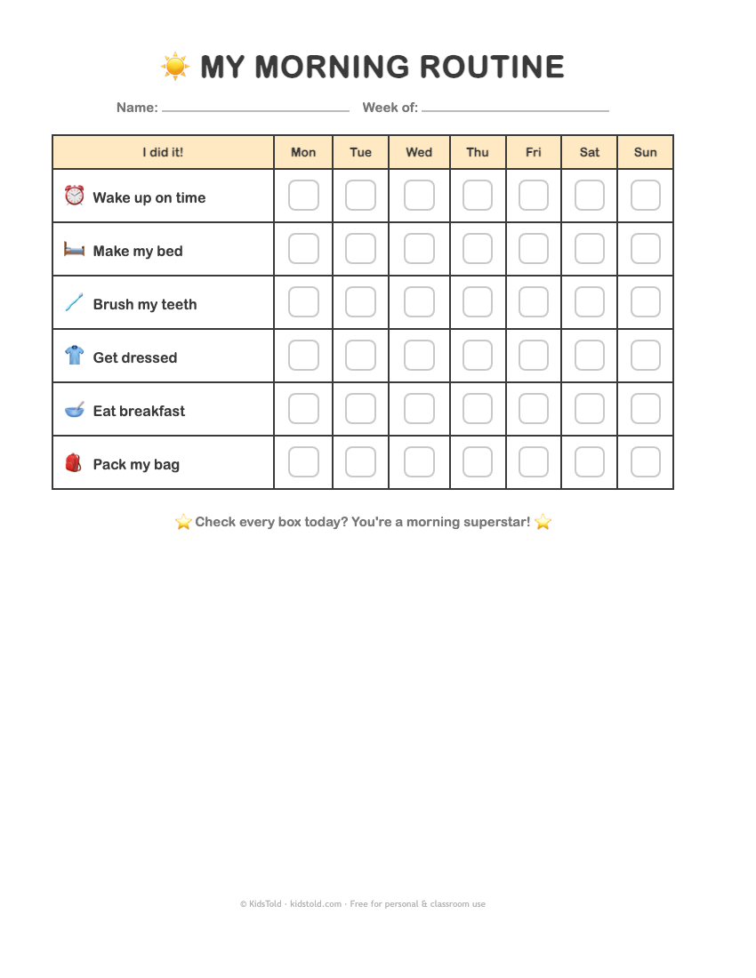 Daily routine chart for kids — free printable PDF