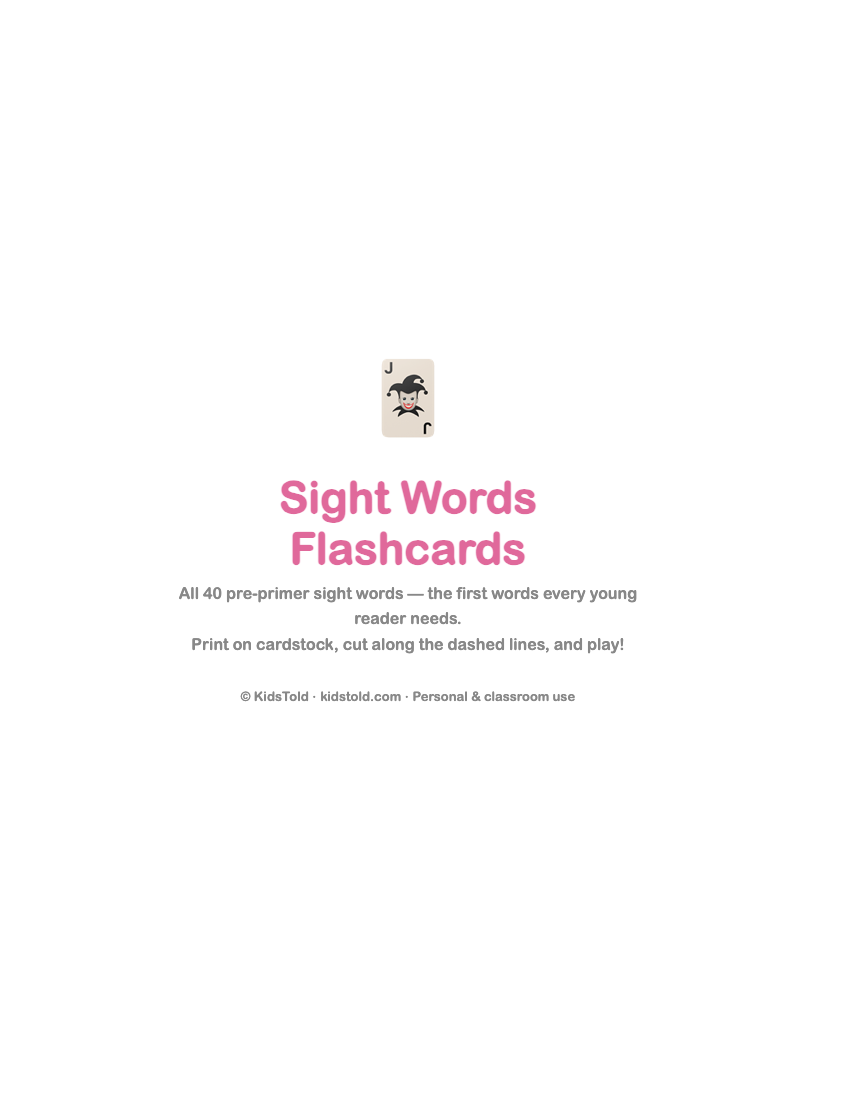 Pre-primer sight words flashcards printable pack