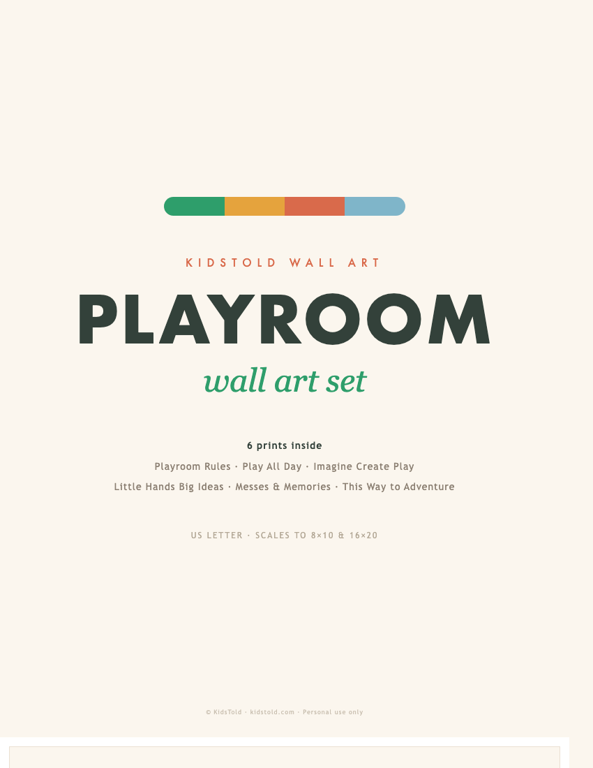 Printable playroom wall art set — 6 typography prints PDF